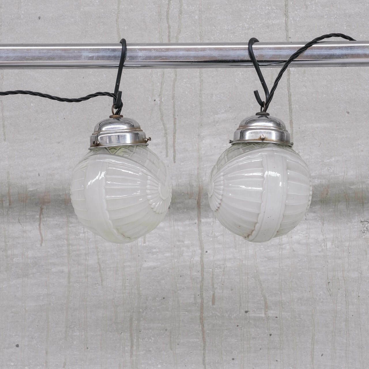 Pair Of Glass Art Deco Small Pendant Lights