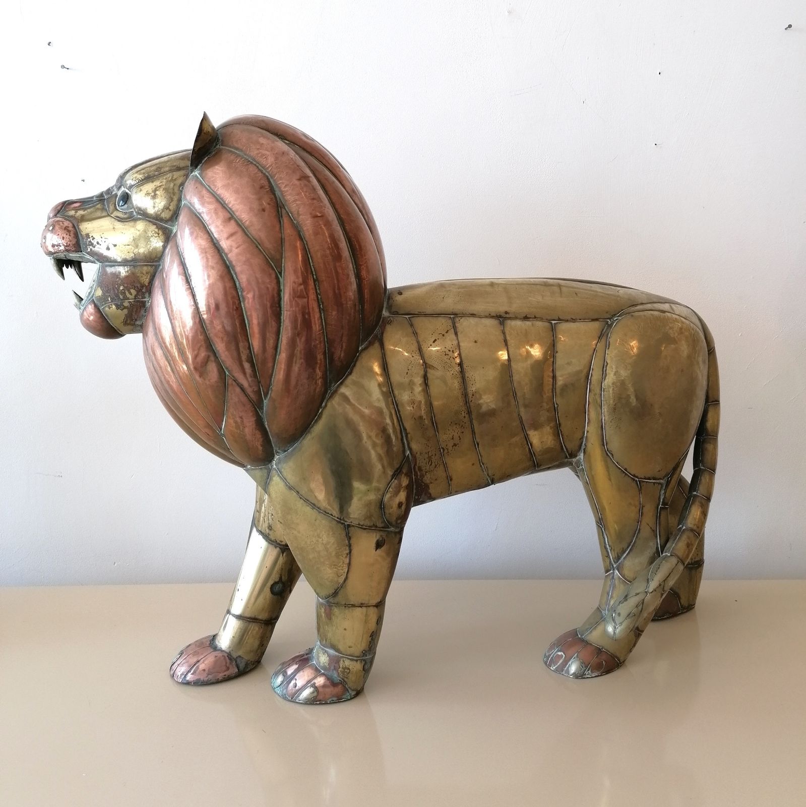 Rare Midcentury Large Brass & Copper Lion Sculpture By Sergio Bustamante, Mexico photo Art