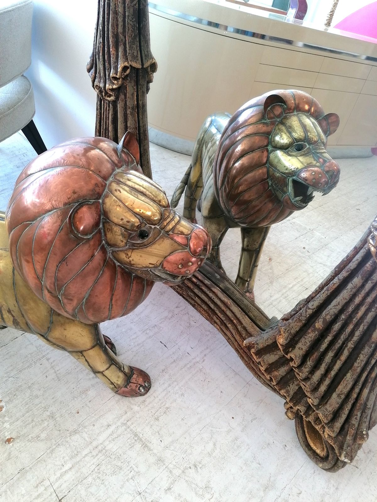 Rare Midcentury Large Brass & Copper Lion Sculpture By Sergio Bustamante, Mexico photo vintage