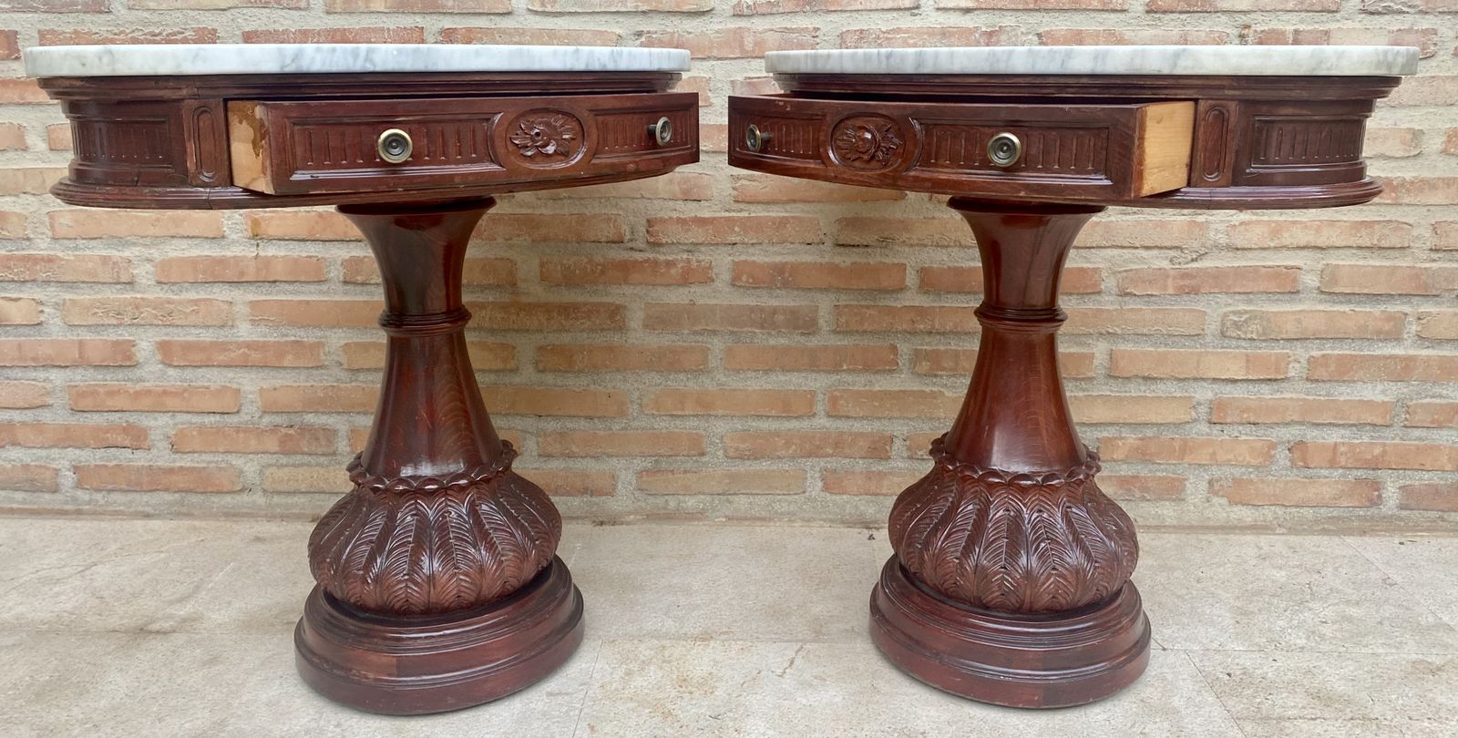 Pair Of Carved Wood Demi Lune Side Tables Or Nightstands With One Drawer And Marble Top photo Furniture