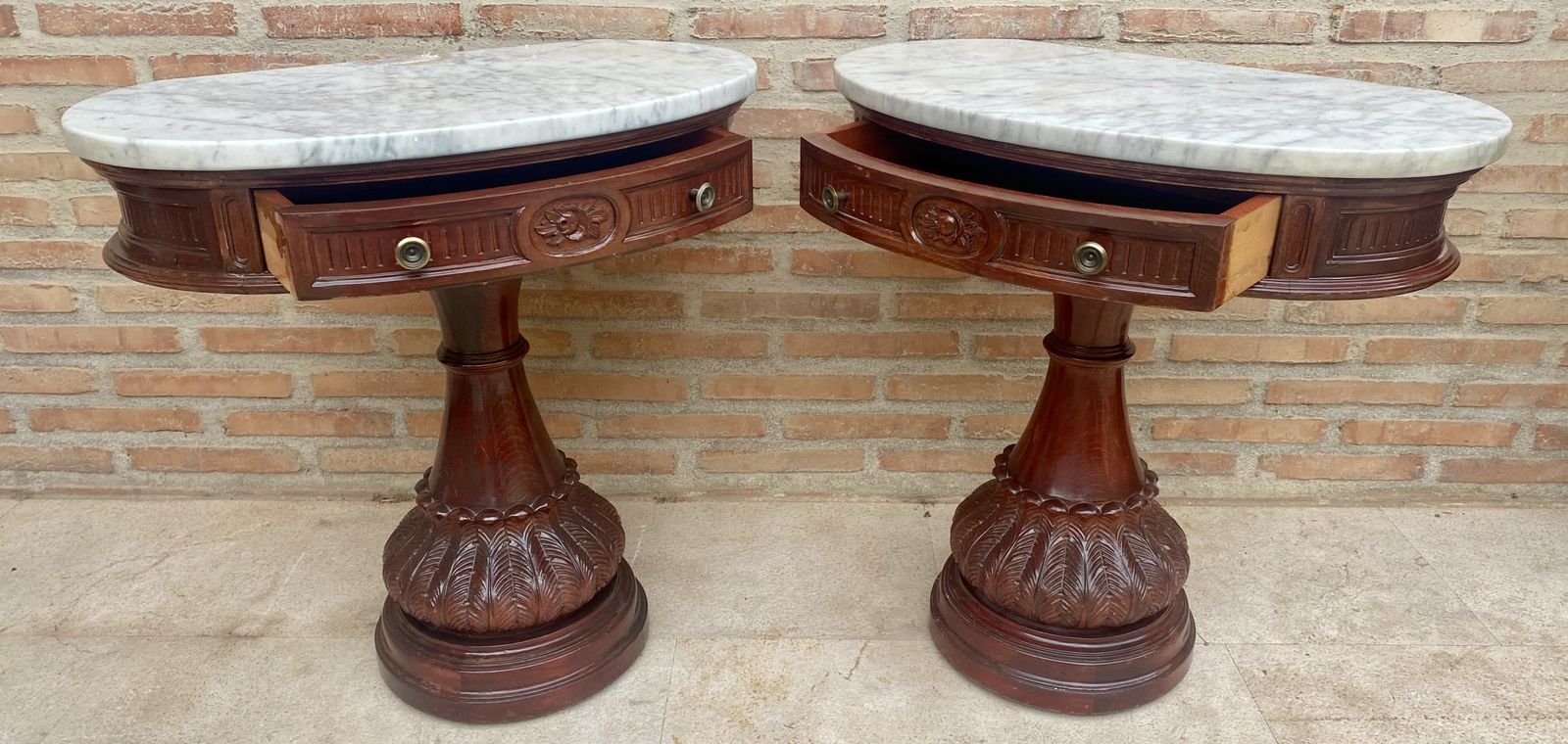 Pair Of Carved Wood Demi Lune Side Tables Or Nightstands With One Drawer And Marble Top photo buy