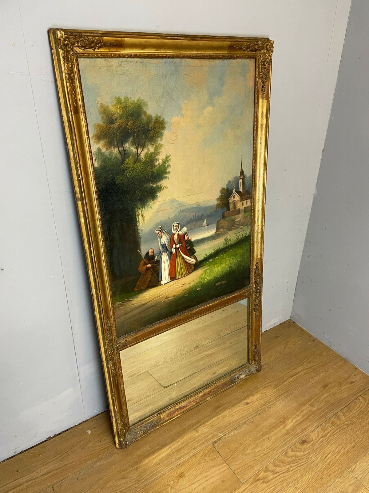 C19th Country House Gilt Framed Pier Mirror With Integral Oil Painting photo vinterior