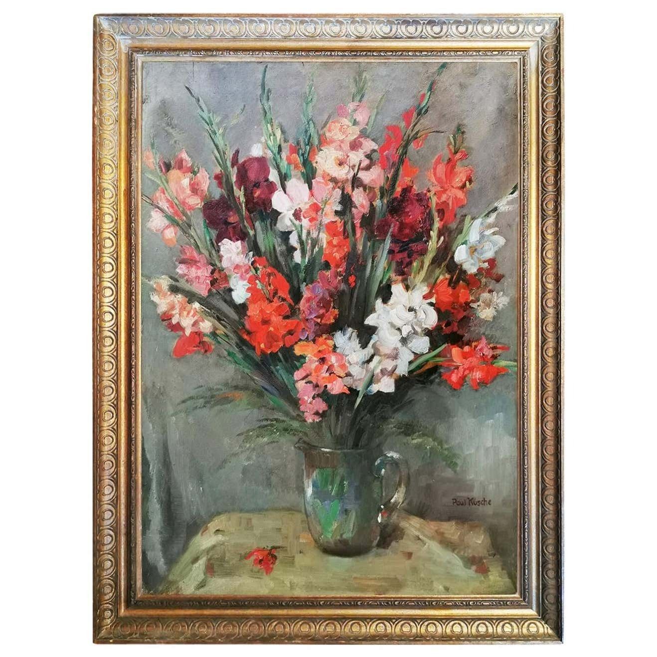 Still Life Oil Painting, Gladiolus By Paul Kusche, 1920