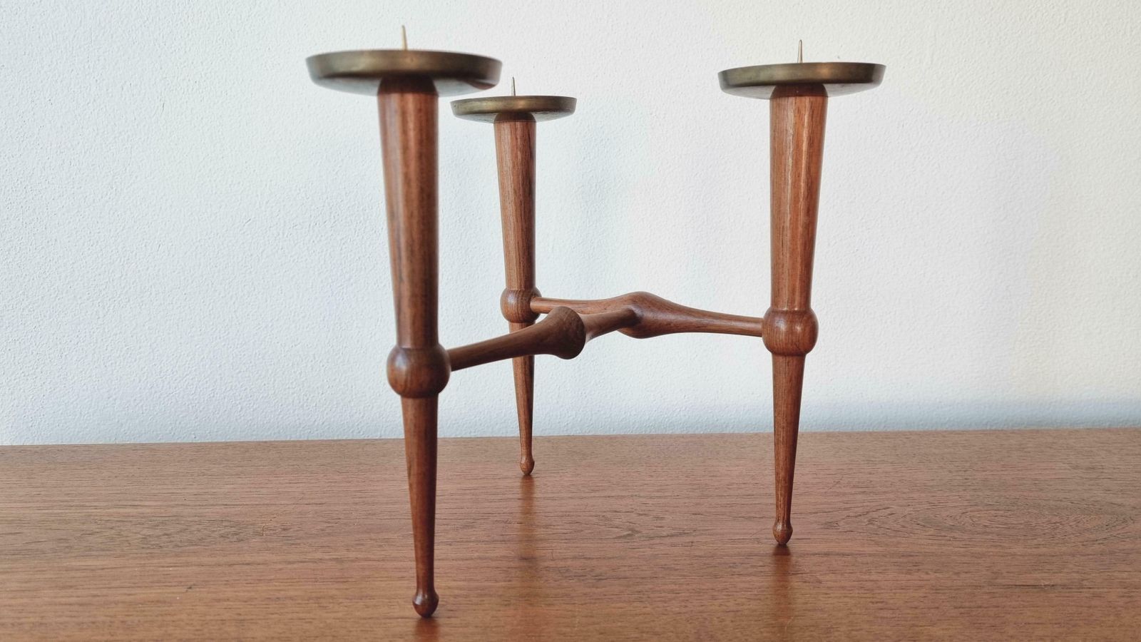 Midcentury Teak And Brass Rare Table Candle Holder / Stick, Denmark, 1960s photo vintage
