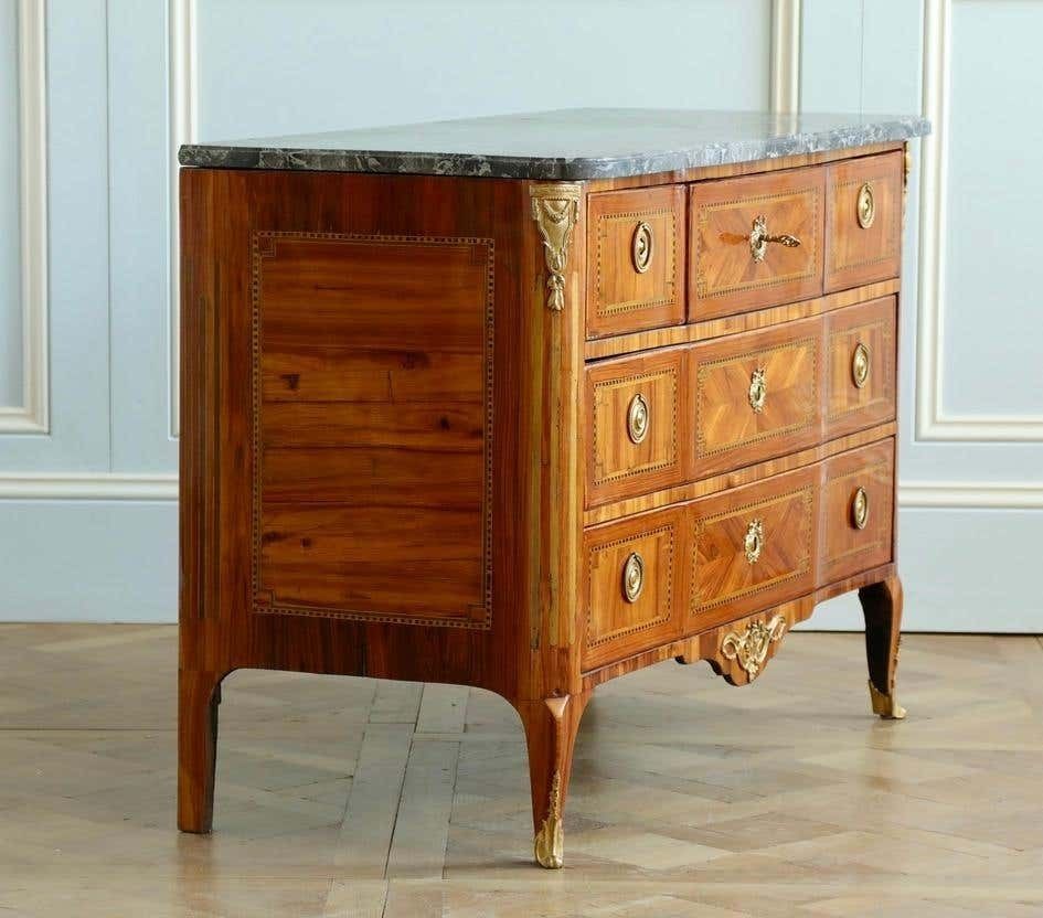 18th Century Marquetry Commode With Sainte Anne Grey Marble, Stamped By L.Aubry photo Furniture