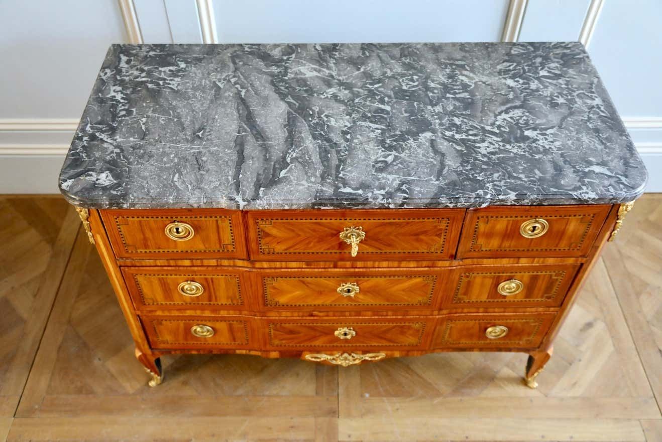 18th Century Marquetry Commode With Sainte Anne Grey Marble, Stamped By L.Aubry photo buy