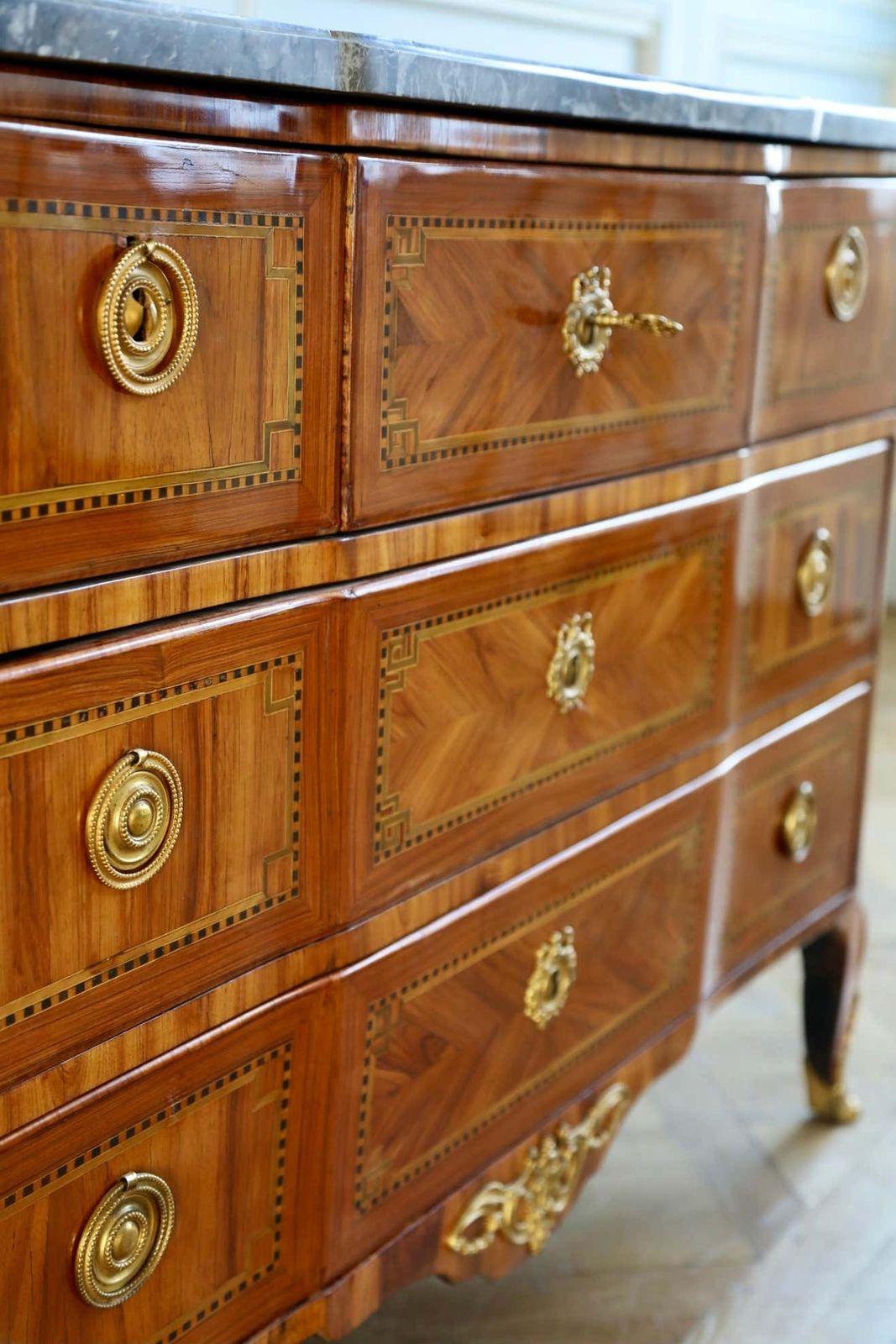 photo for sale 18th Century Marquetry Commode With Sainte Anne Grey Marble, Stamped By L.Aubry