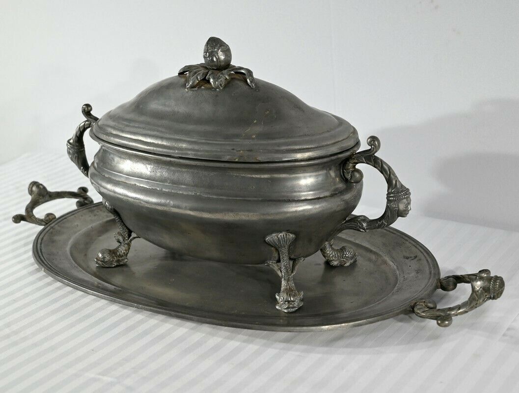 Tureen And Tray In Fine Pewter Stamped L. Houzeaux Early 20th Century photo for sale