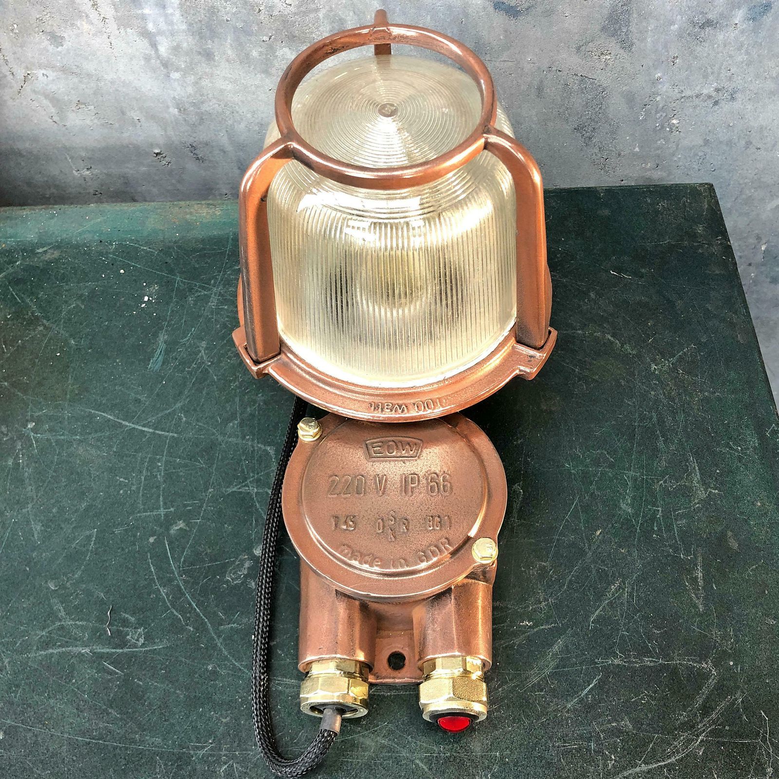 photo for sale 1970s German Eow Gdr Copper, Brass And Holophane Glass Wall Light / Table Lamp