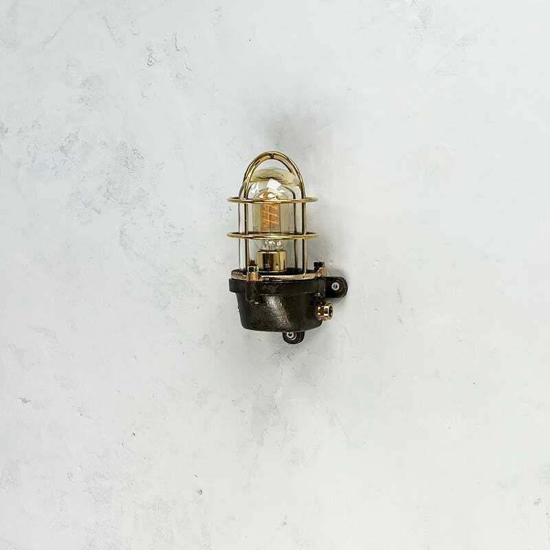 photo furniture Late Century British Cast Steel, Brass & Bronze Wall Light, Cage & Glass Shade