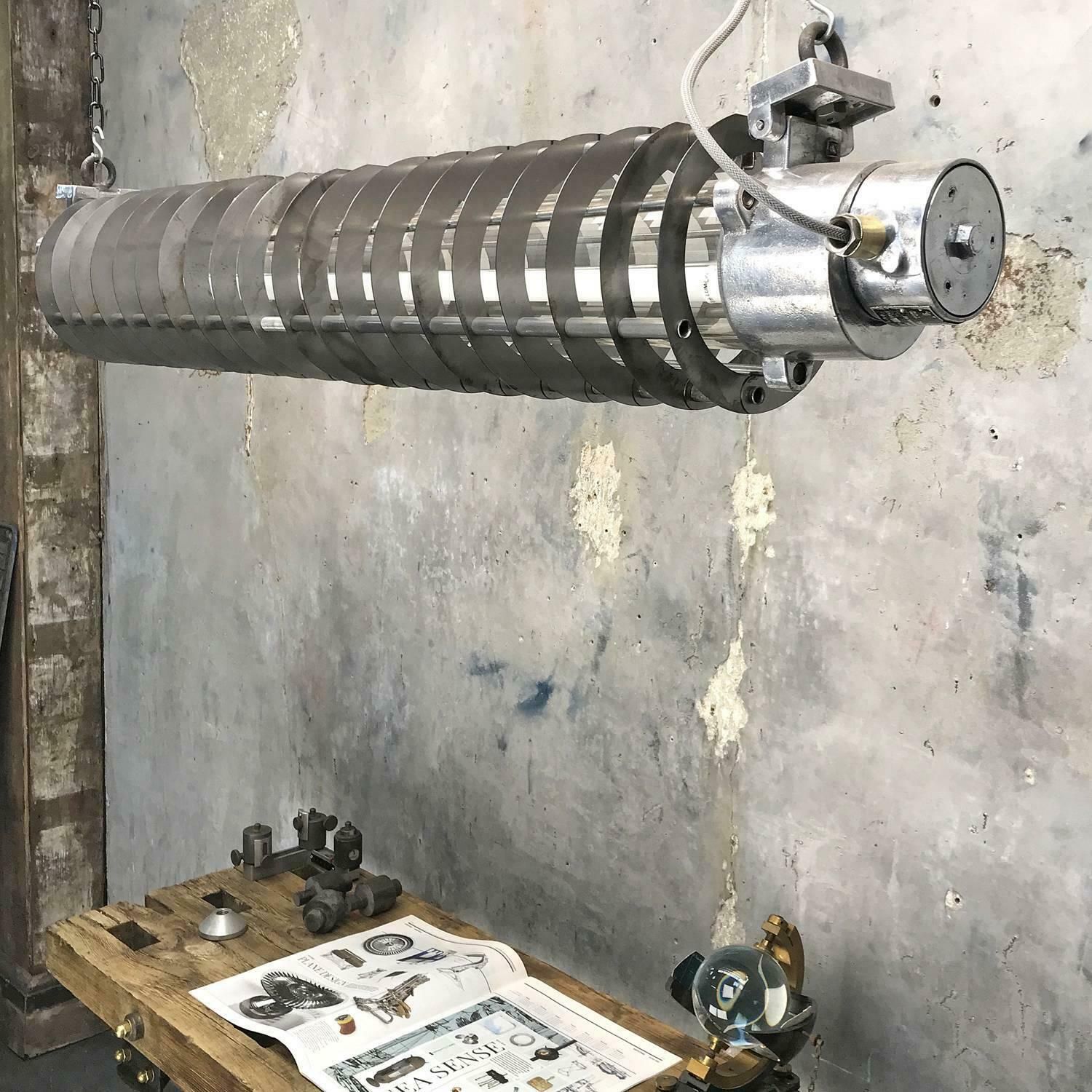 photo furniture 1970s German Cast Metal Explosion Proof Strip Light With Glass And Steel Shade