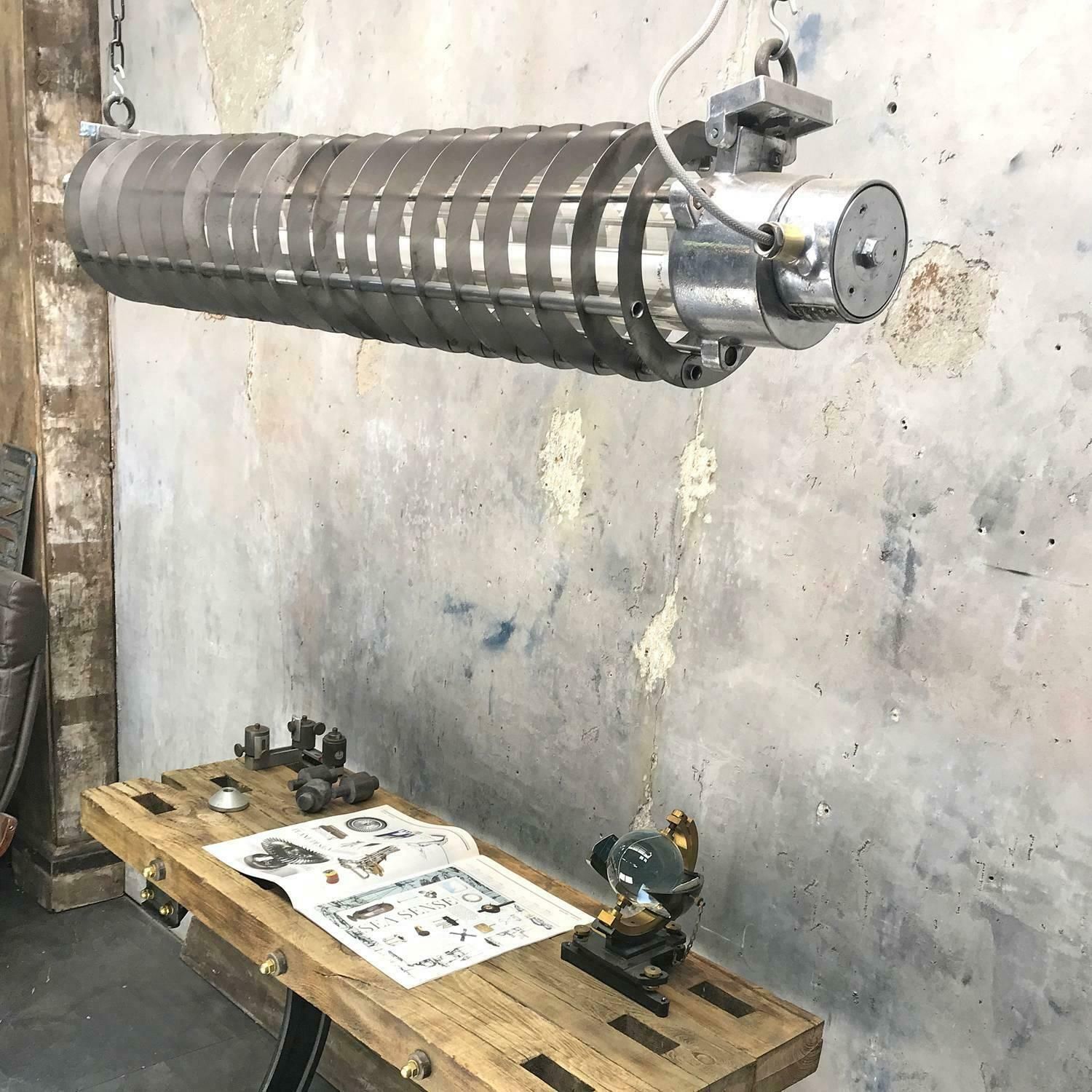 photo vinterior 1970s German Cast Metal Explosion Proof Strip Light With Glass And Steel Shade