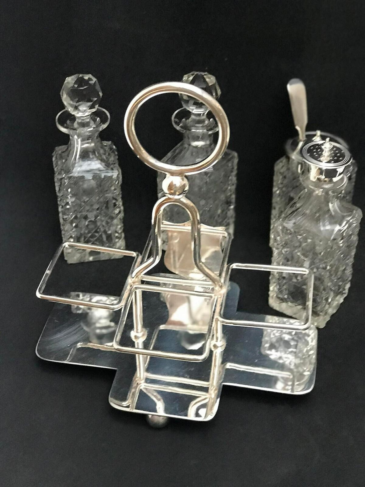 Condiment Cruet Holder Caddy Spice Set Victorian Silver Plated Glass Antique English Tableware Oil Mustard Vinager Luxury Wedding Gift photo vintage