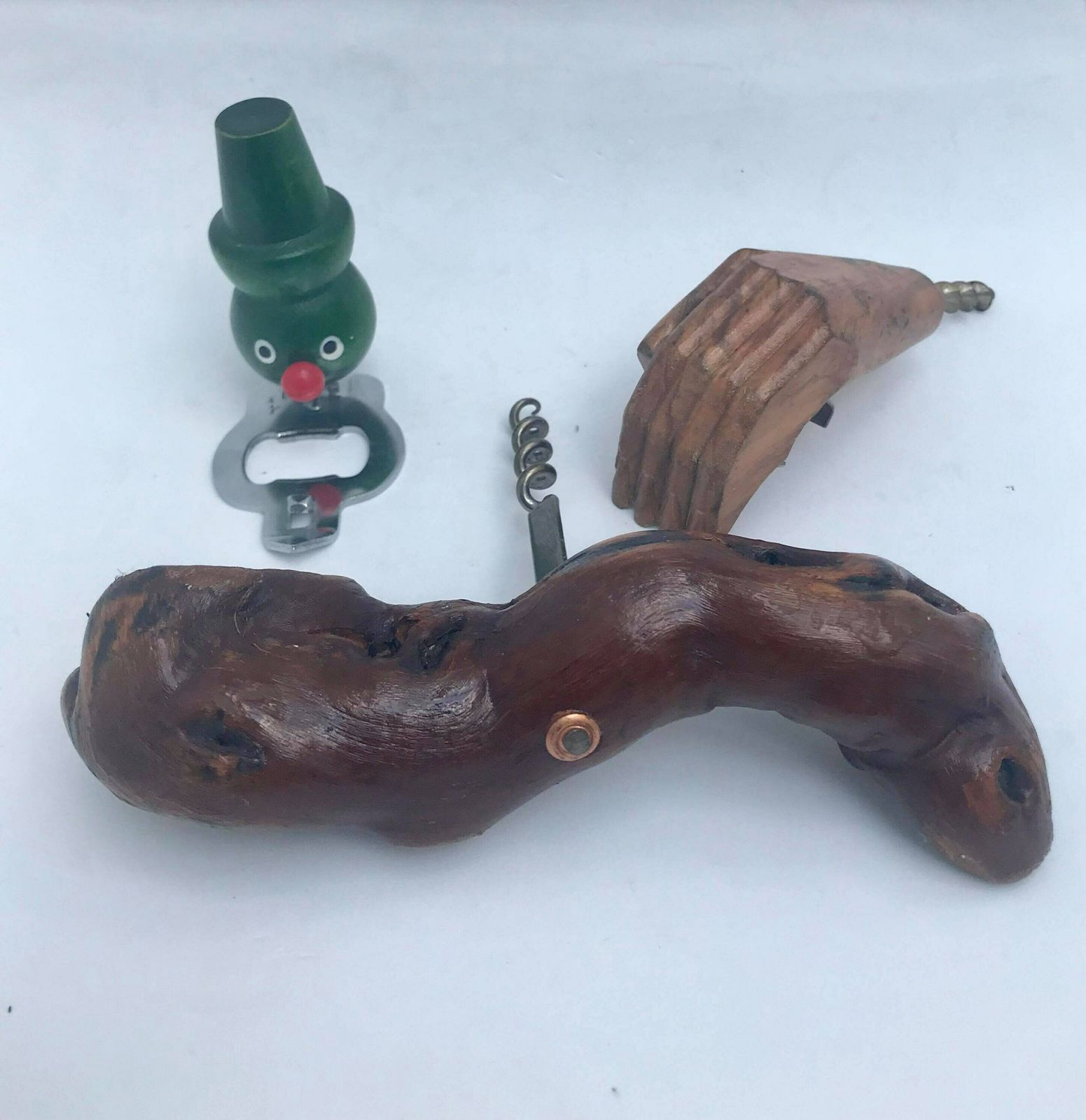 Corkscrew Bottle Opener Wine Bottle Set 3 Wooden Bar Accessories Mid Century Barwarebar Cart Decor Gift For Collector Scandinavian Bar Tool photo vintage