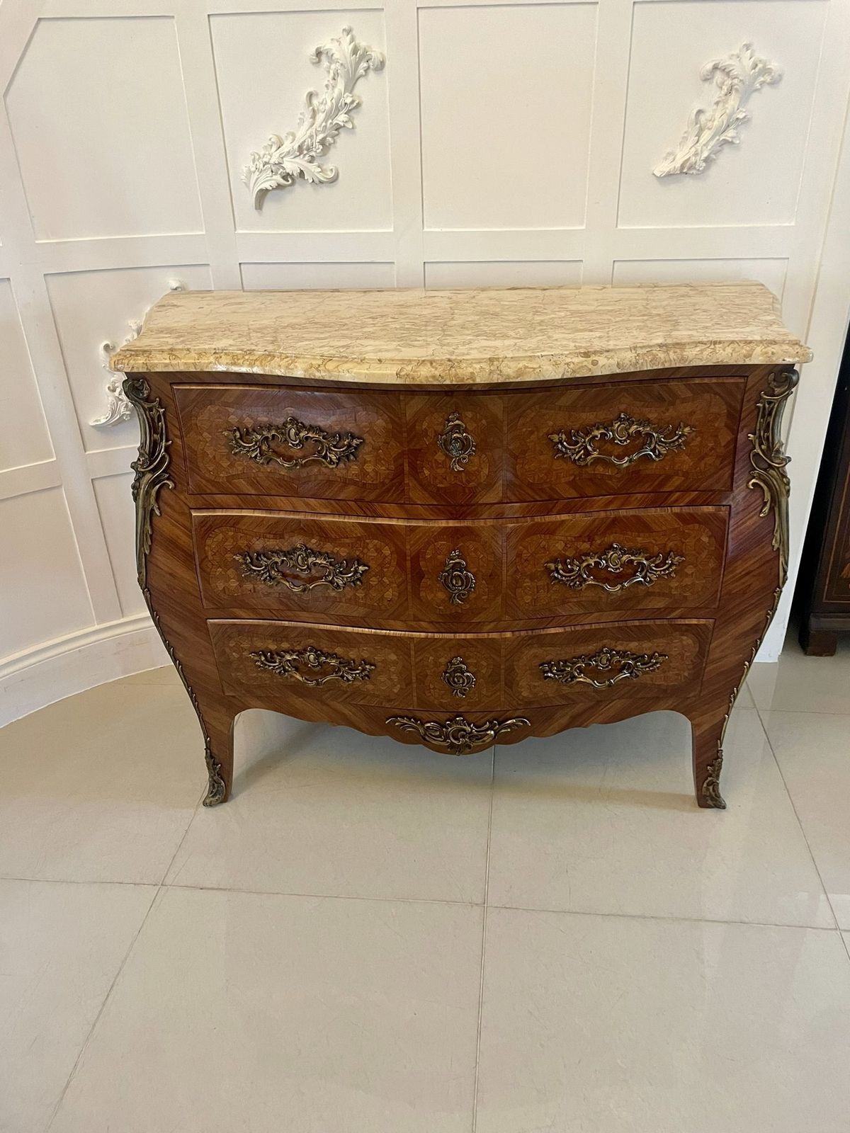 Antique 19th Century Quality French Parquetry Marble Top Chest Of Drawers photo for sale