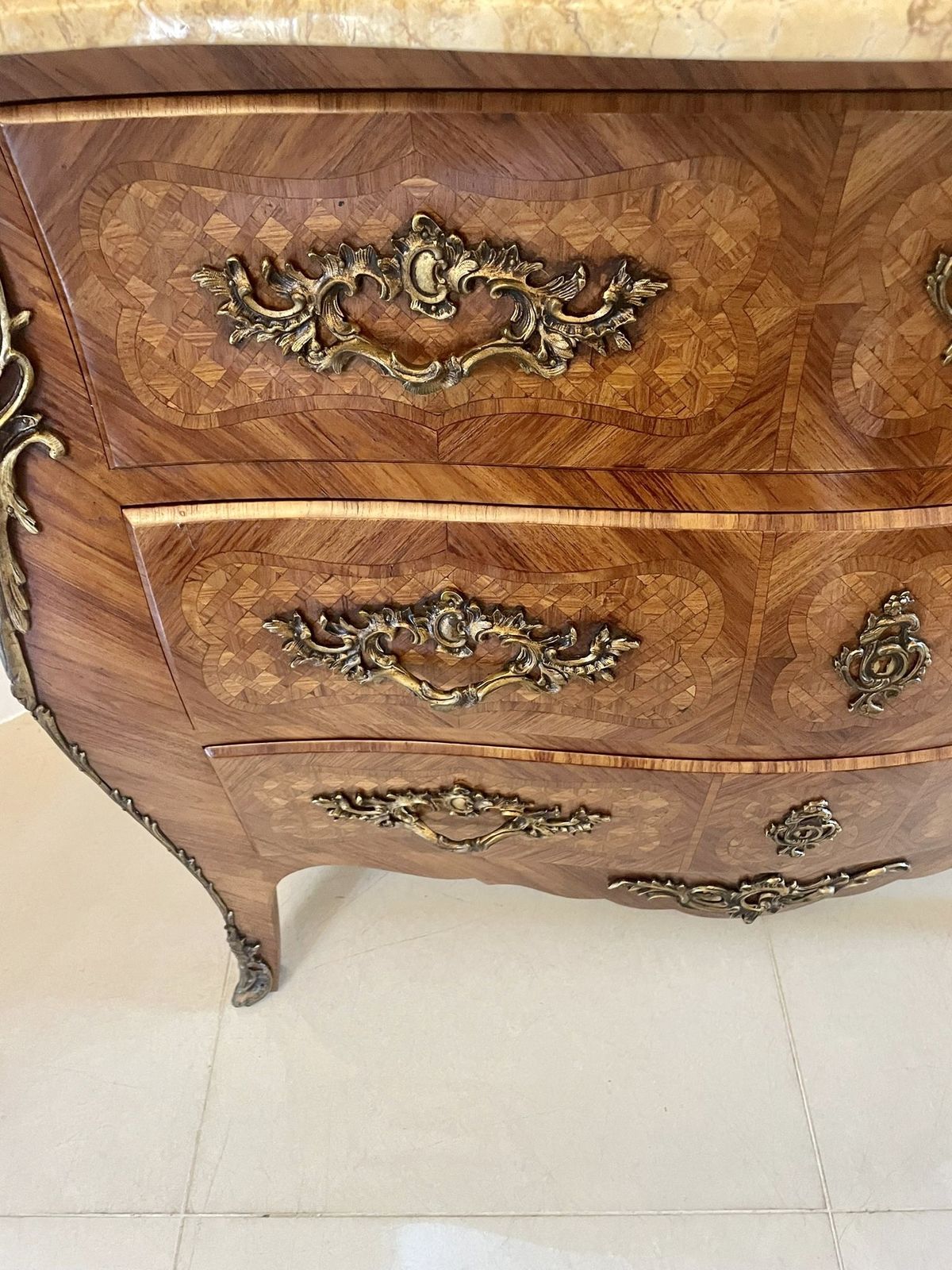 Antique 19th Century Quality French Parquetry Marble Top Chest Of Drawers photo vintage