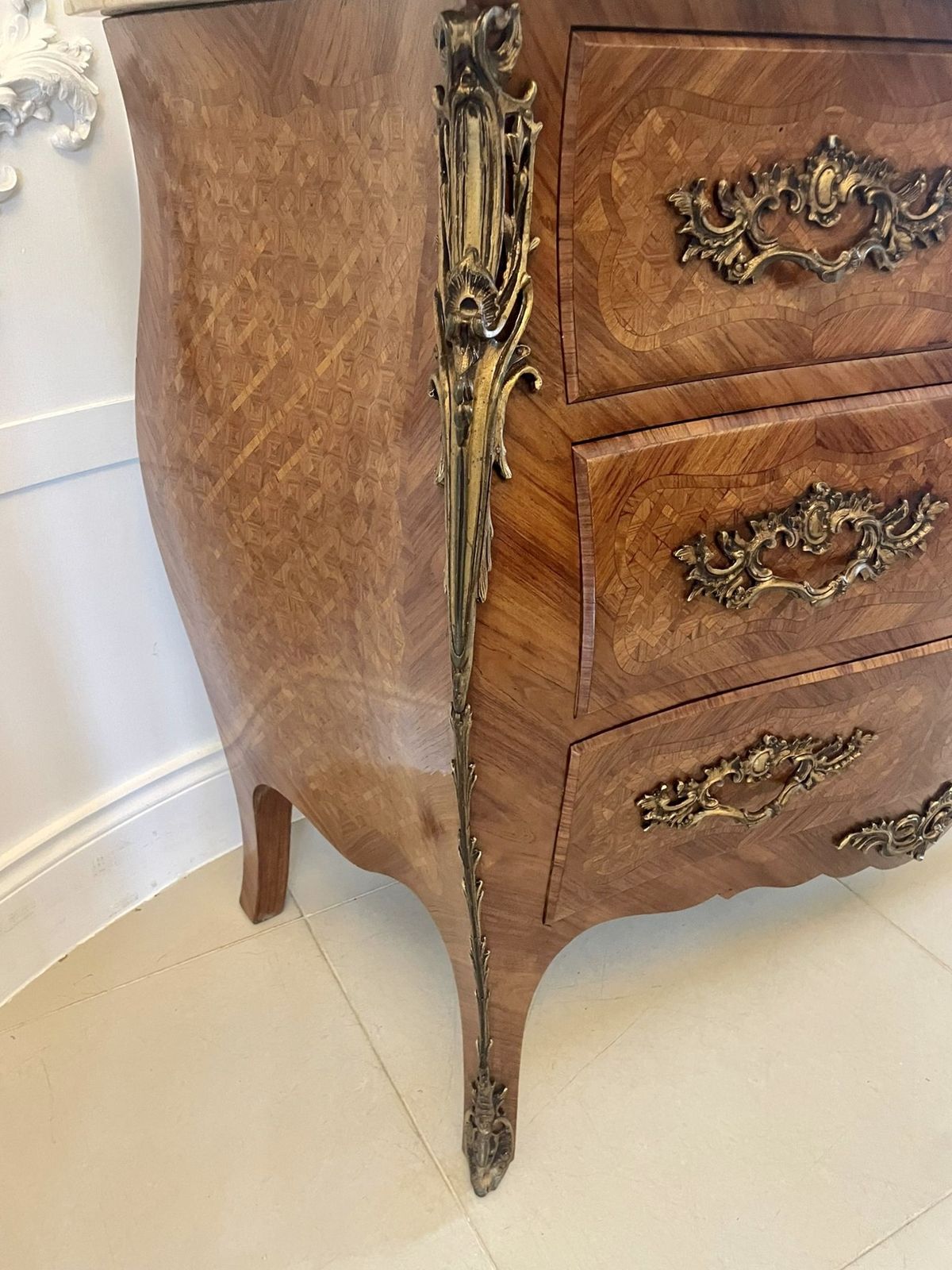 photo for sale Antique 19th Century Quality French Parquetry Marble Top Chest Of Drawers