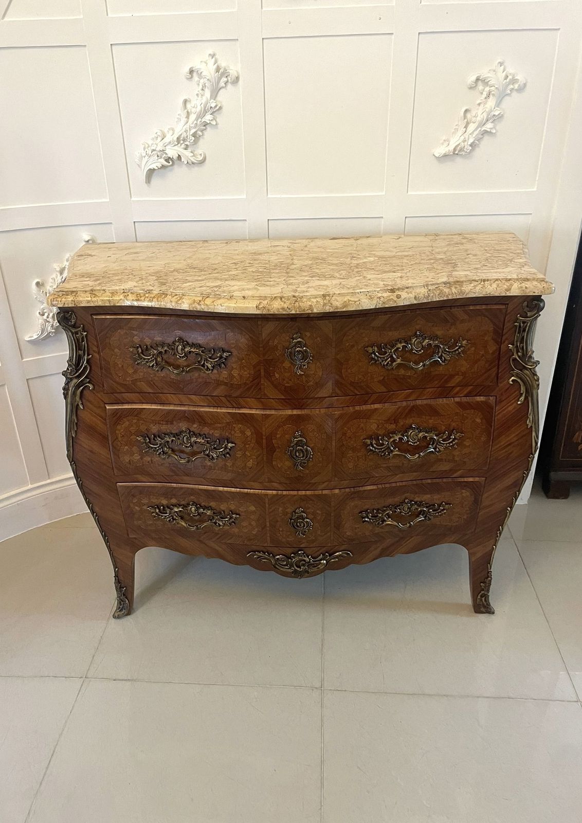 Antique 19th Century Quality French Parquetry Marble Top Chest Of Drawers