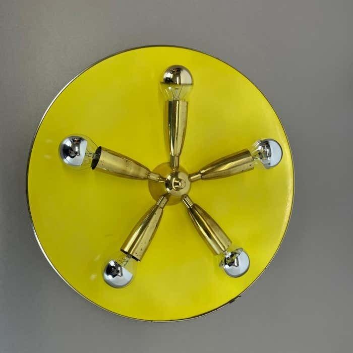 Brass + Yellow Stilnovo Style Theatre Wall Ceiling Light Sconces, Italy, 1950s photo furniture