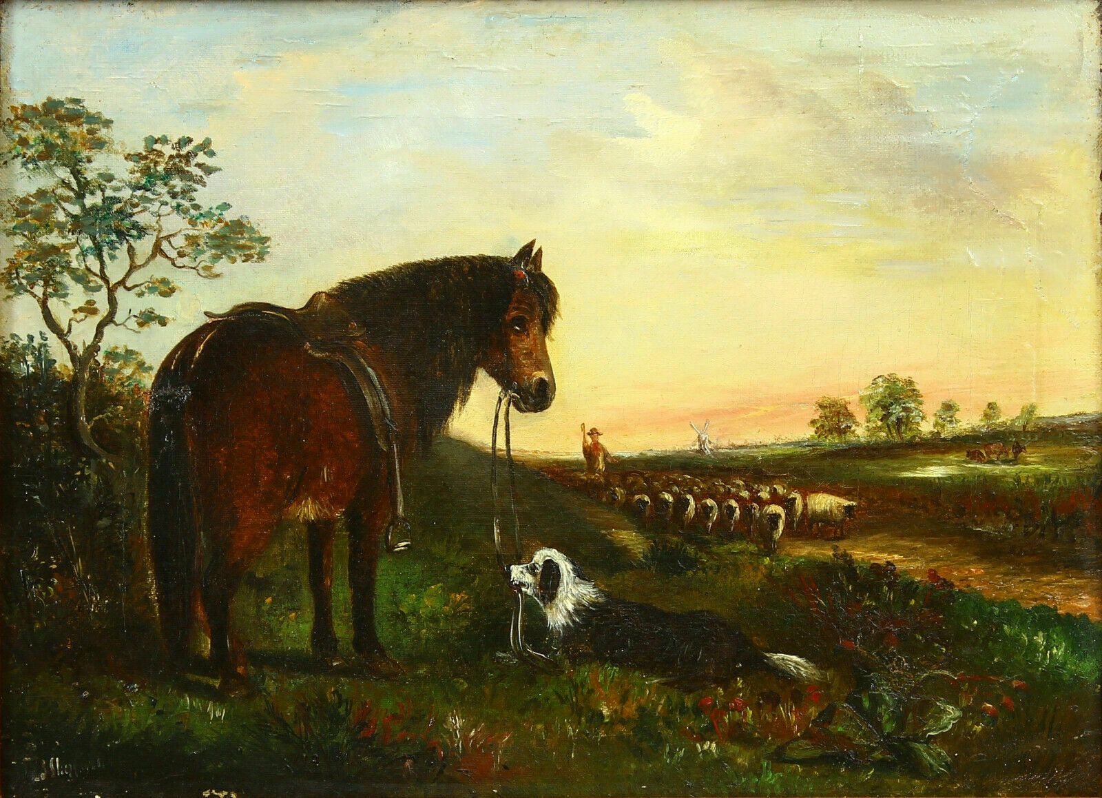 Oil On Canvas By John Sheppard. Horse And Border Collie Herding Sheep. photo furniture