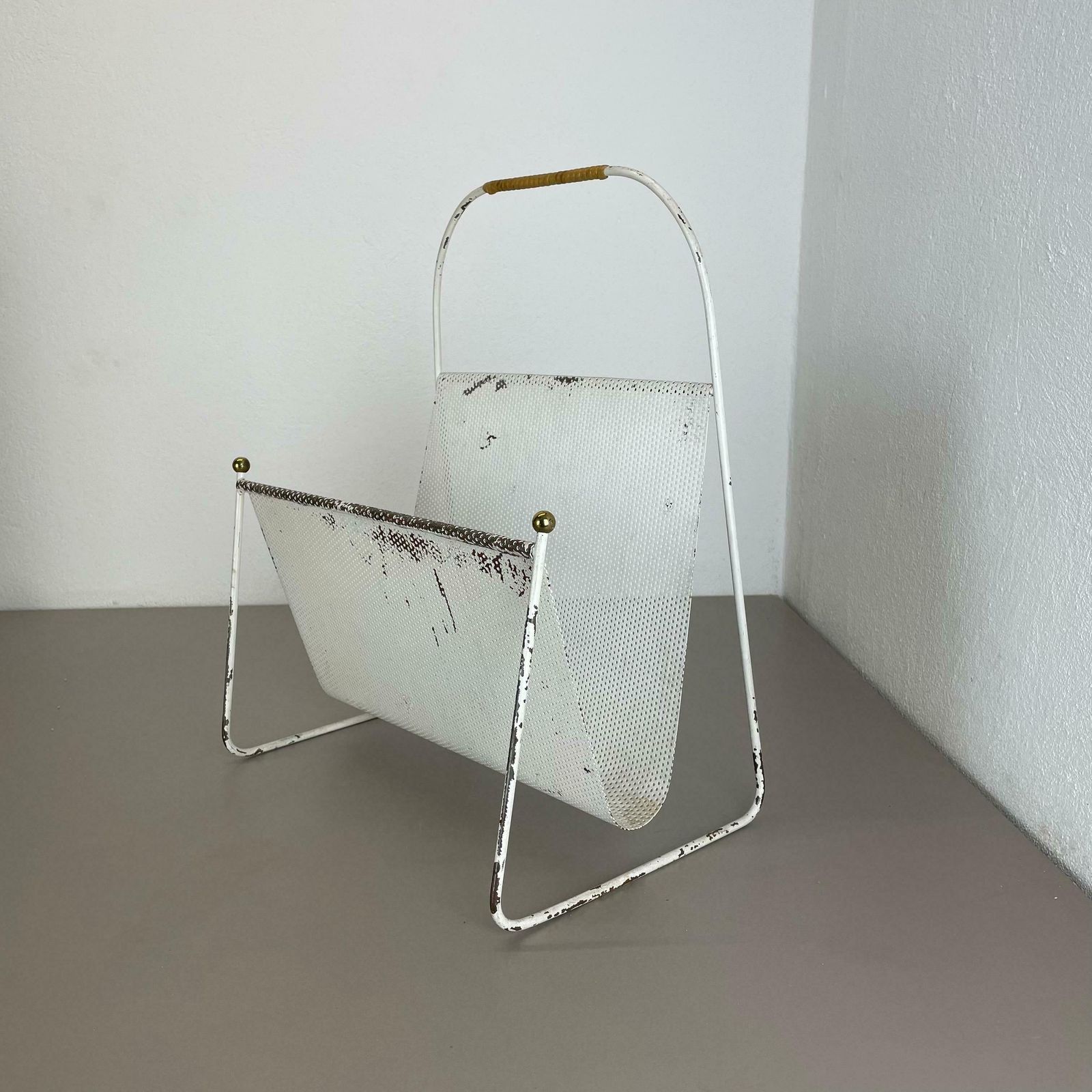 Mategot Aubock Style White Metal Hole Pattern Magazine Holder, France, 1950s photo Home Decor