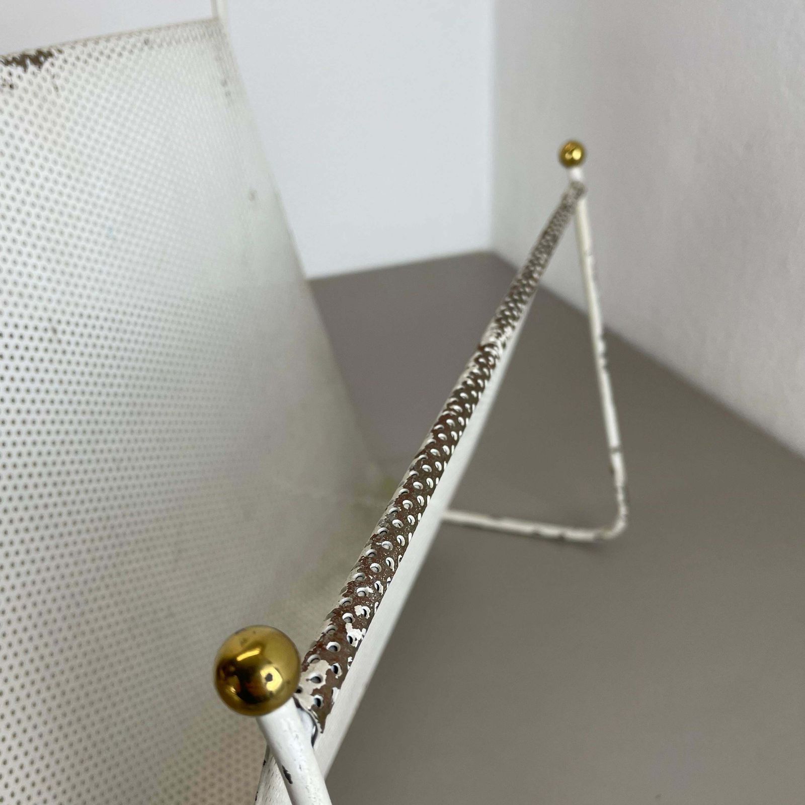 photo furniture Mategot Aubock Style White Metal Hole Pattern Magazine Holder, France, 1950s