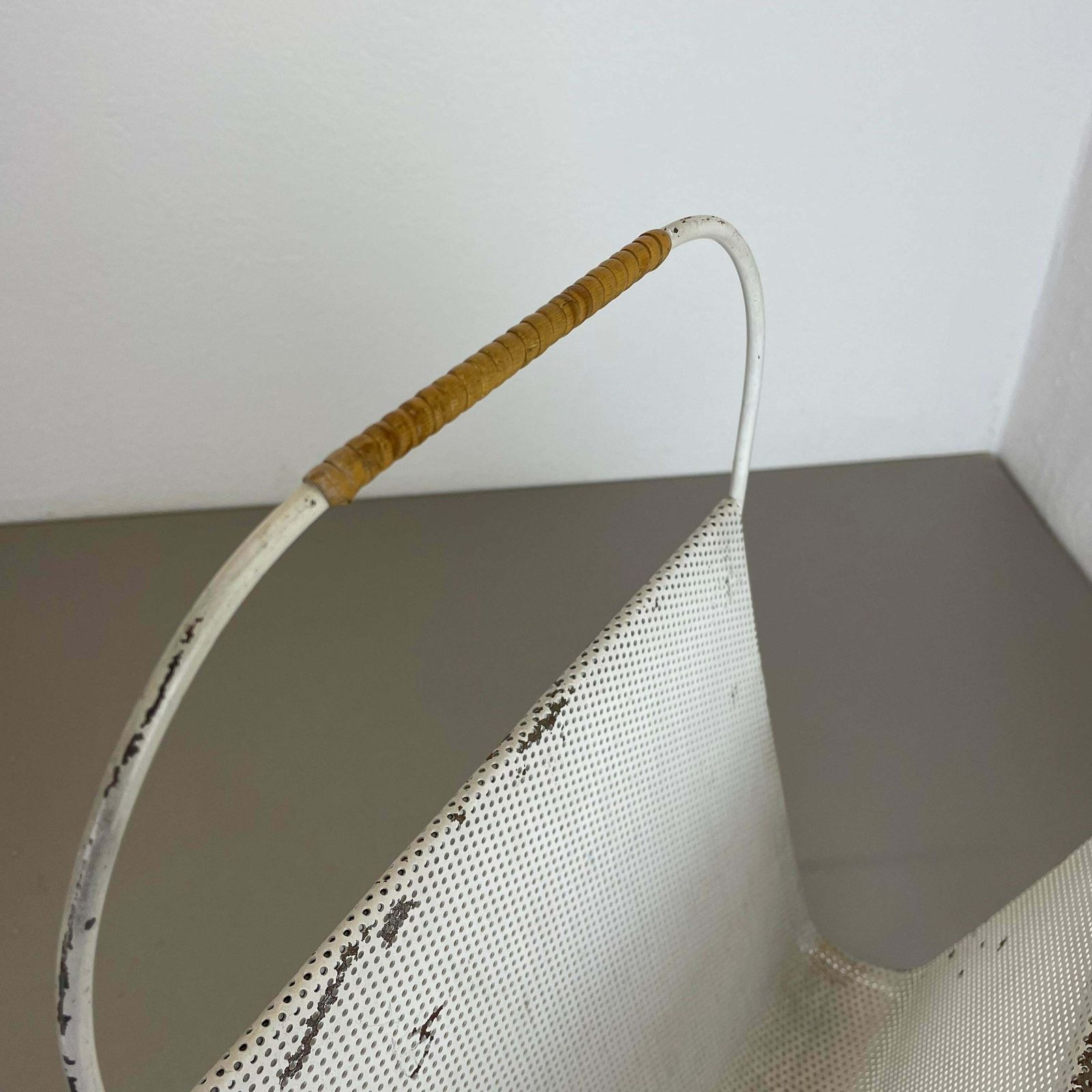 Home Decor Mategot Aubock Style White Metal Hole Pattern Magazine Holder, France, 1950s photo