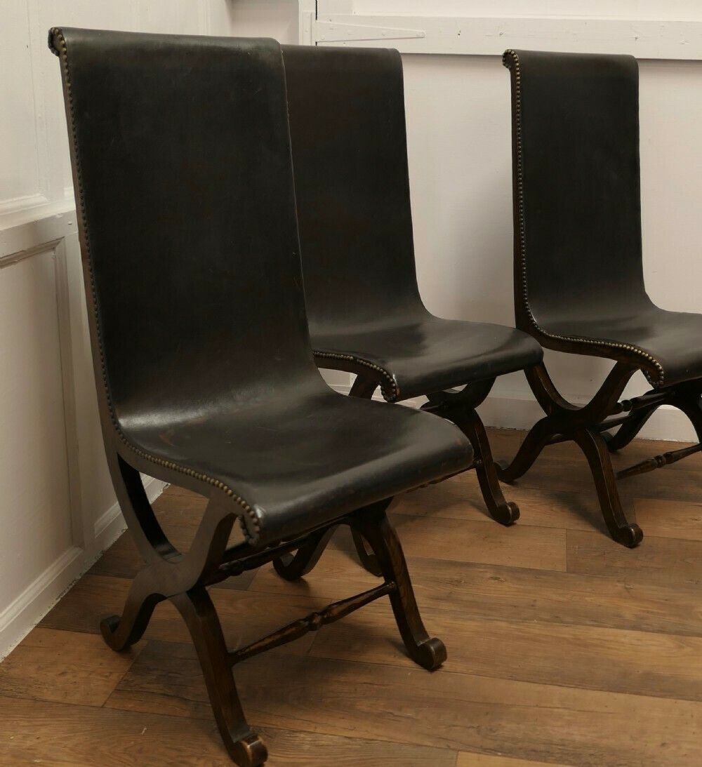 3 Matching Mid Century Leather And Oak Fireside Sling Chairs By Pierre Lottier photo for sale