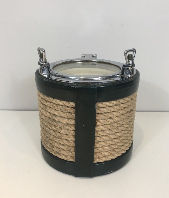 50s 29301: In The Style Of Jacques Adnet. Unusual Chrome, Leather And Rope Ice Bucket