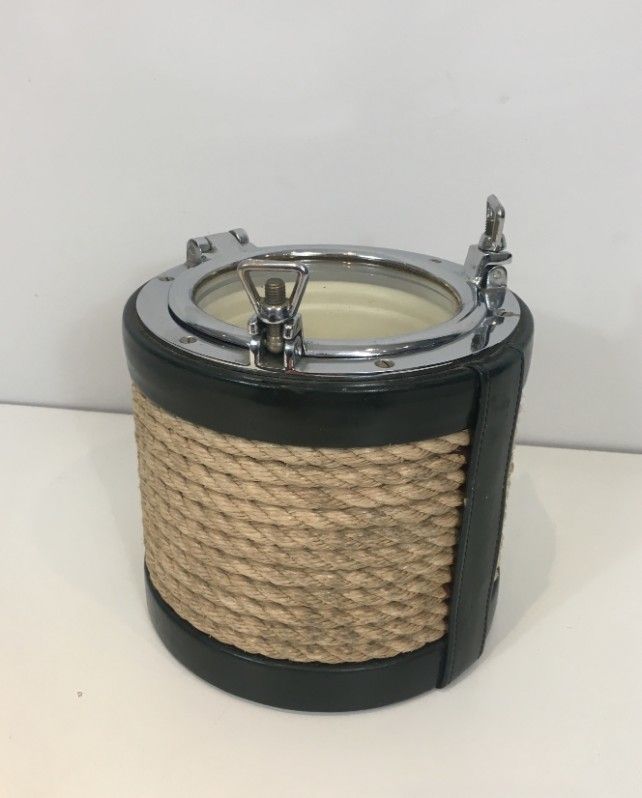 50s 29301: In The Style Of Jacques Adnet. Unusual Chrome, Leather And Rope Ice Bucket photo Home Decor