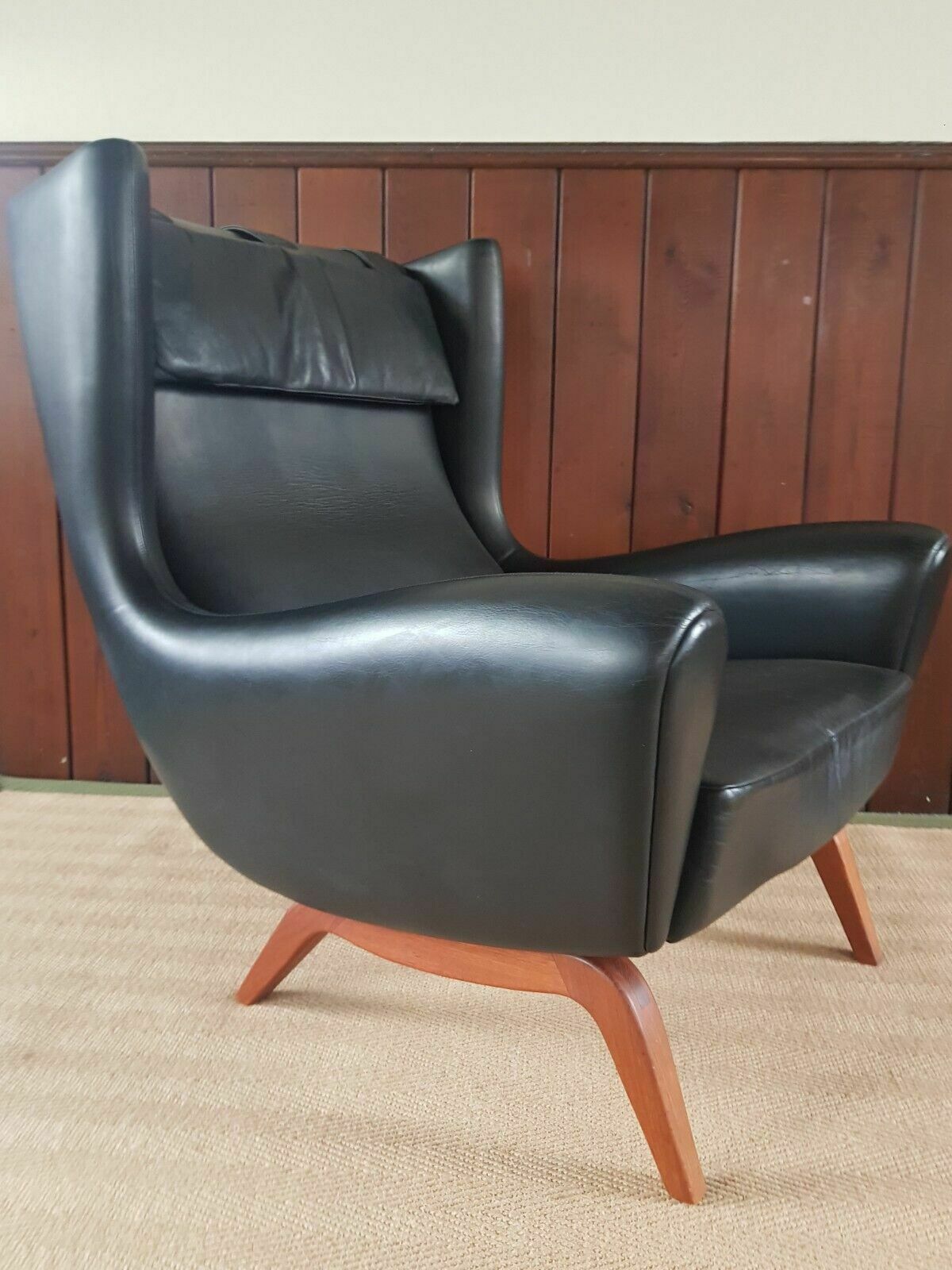 Furniture Rare 1950 Illum Wikkelso Leather Wingback Chair ''Model 110'' Teak Mid Century photo