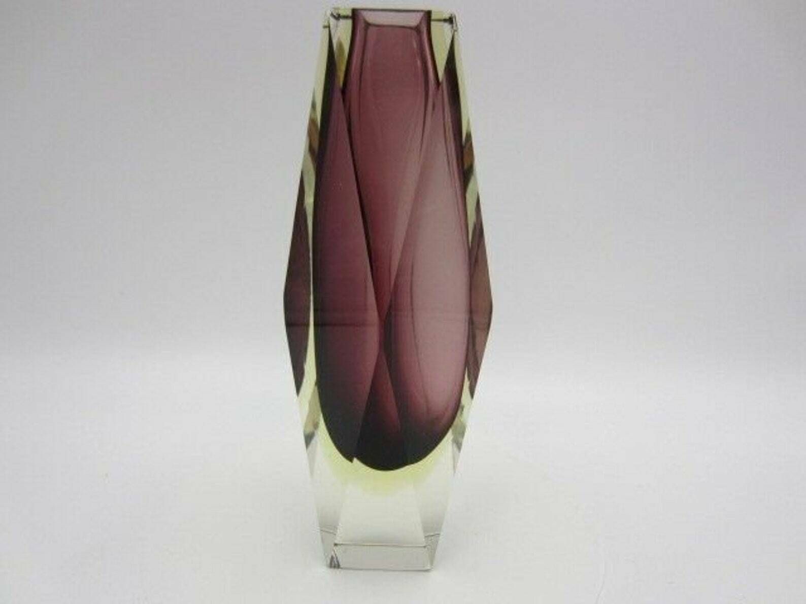 Geometric Purple And Golden Amber Murano Italy Sommerso Symmetric Art Glass Vase photo vinterior