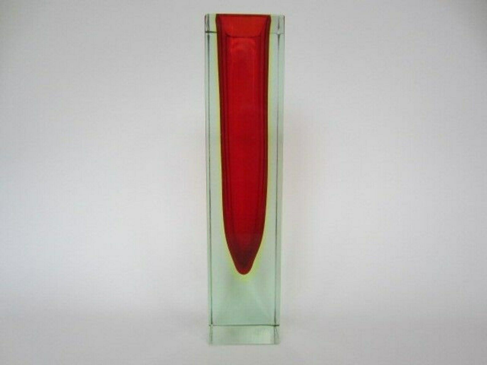 Monumental Vase Red Yellow Glowing Green Block Cut Murano Sommerso Art Glass