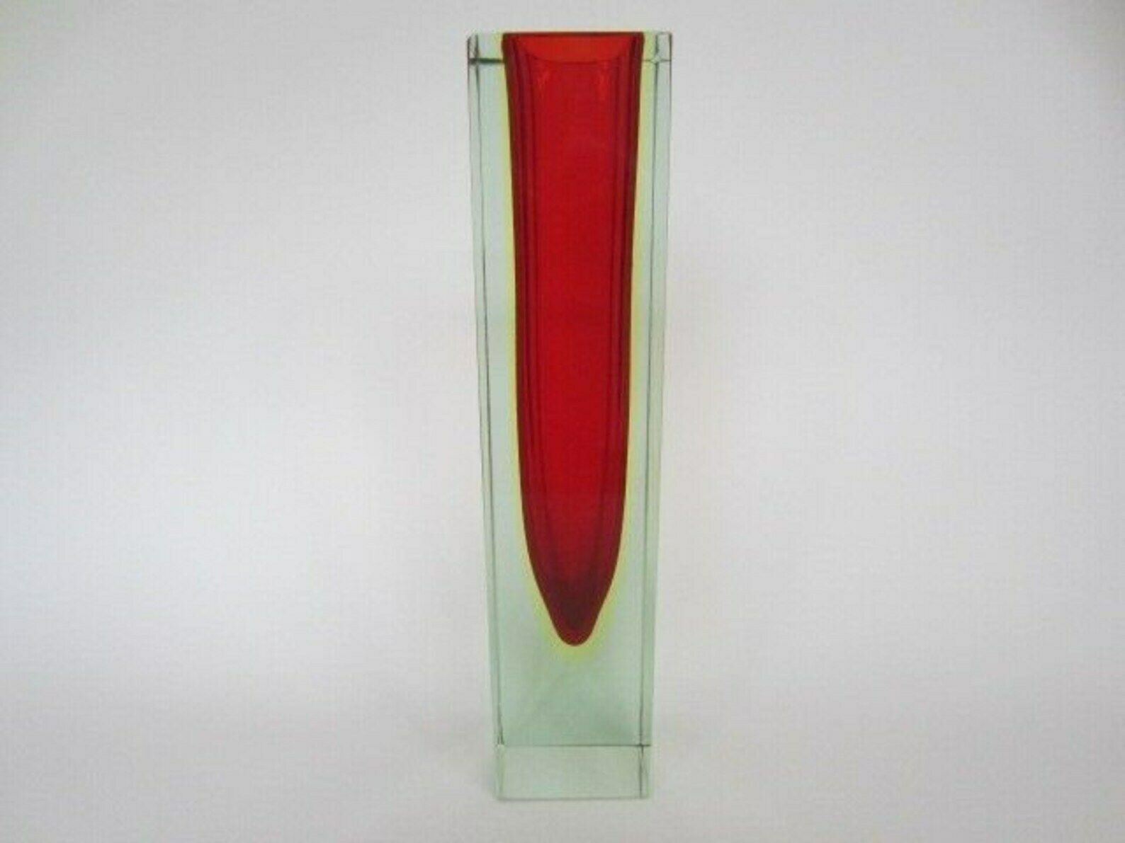 Monumental Vase Red Yellow Glowing Green Block Cut Murano Sommerso Art Glass photo vintage