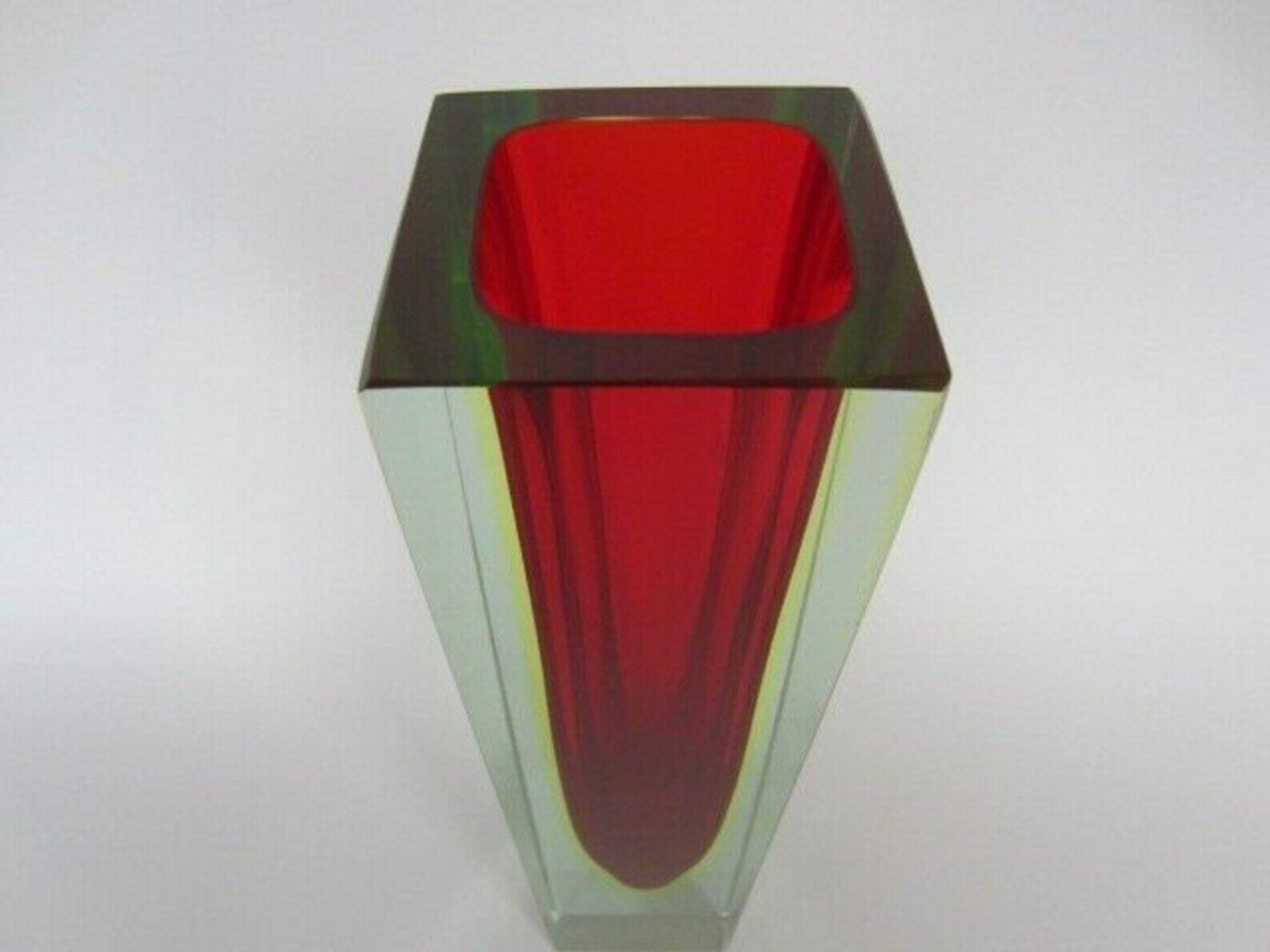 photo for sale Monumental Vase Red Yellow Glowing Green Block Cut Murano Sommerso Art Glass