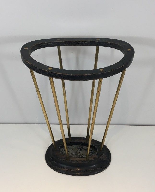 50s 29283: Attributed To Jacques Adnet. Ebonised Wood And Brass Umbrella Stand. French photo vinterior