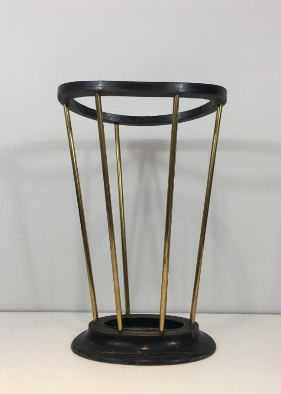 50s 29283: Attributed To Jacques Adnet. Ebonised Wood And Brass Umbrella Stand. French photo buy