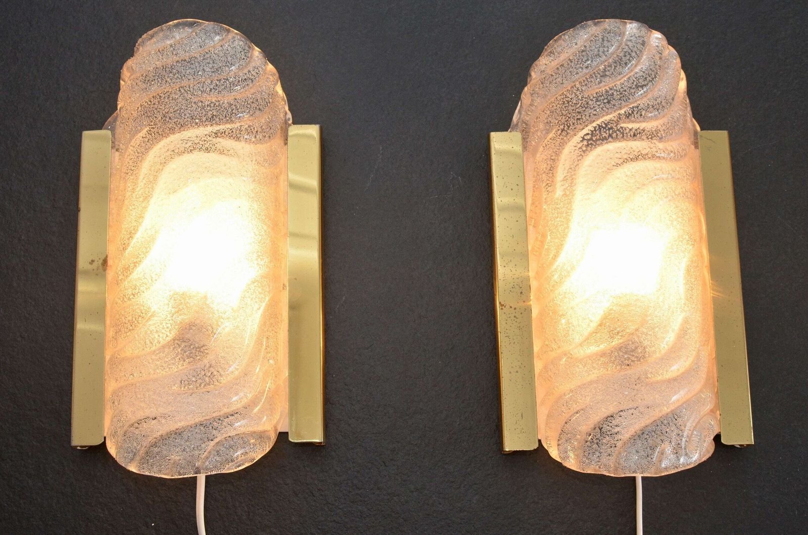Pair Of Midcentury Brass And Iced Glass Wall Lamps By Fischer Leuchten, Germany 1970s photo furniture