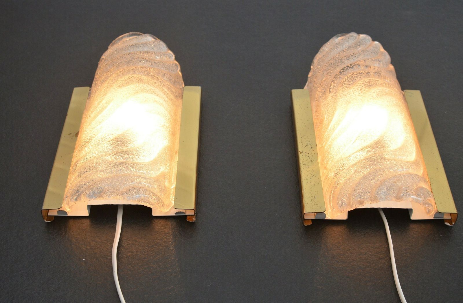 Pair Of Midcentury Brass And Iced Glass Wall Lamps By Fischer Leuchten, Germany 1970s photo 270.0