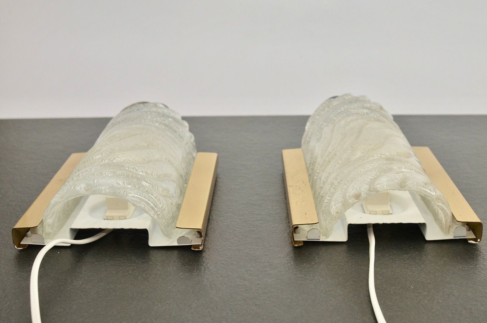 Pair Of Midcentury Brass And Iced Glass Wall Lamps By Fischer Leuchten, Germany 1970s photo vinterior