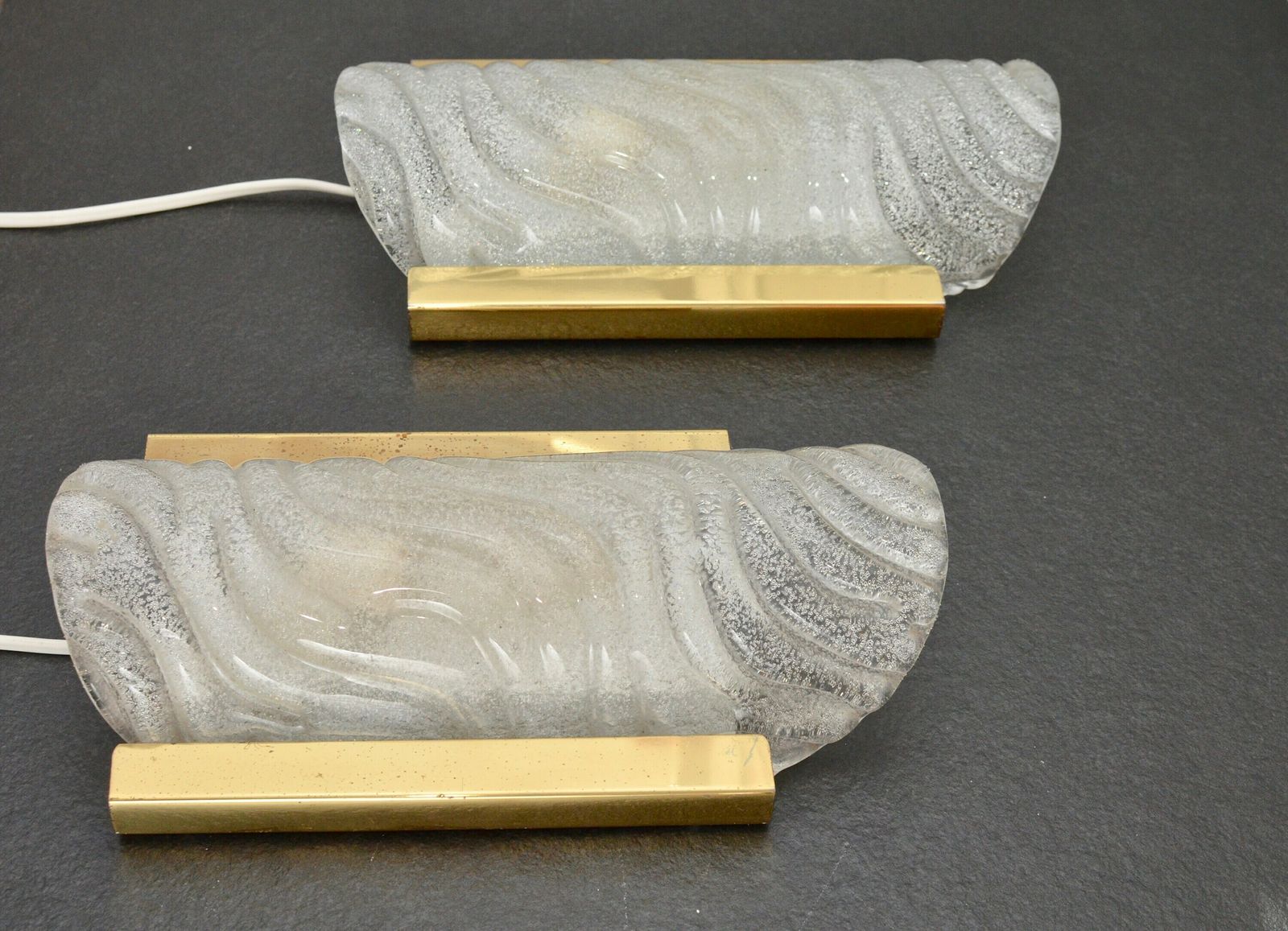photo furniture Pair Of Midcentury Brass And Iced Glass Wall Lamps By Fischer Leuchten, Germany 1970s