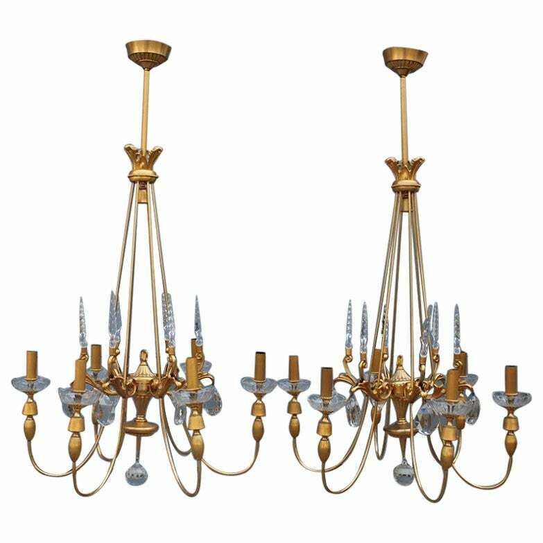 Pair Of Mid Century French Chandeliers In Crystal Maison Jansen 24kt Gold
