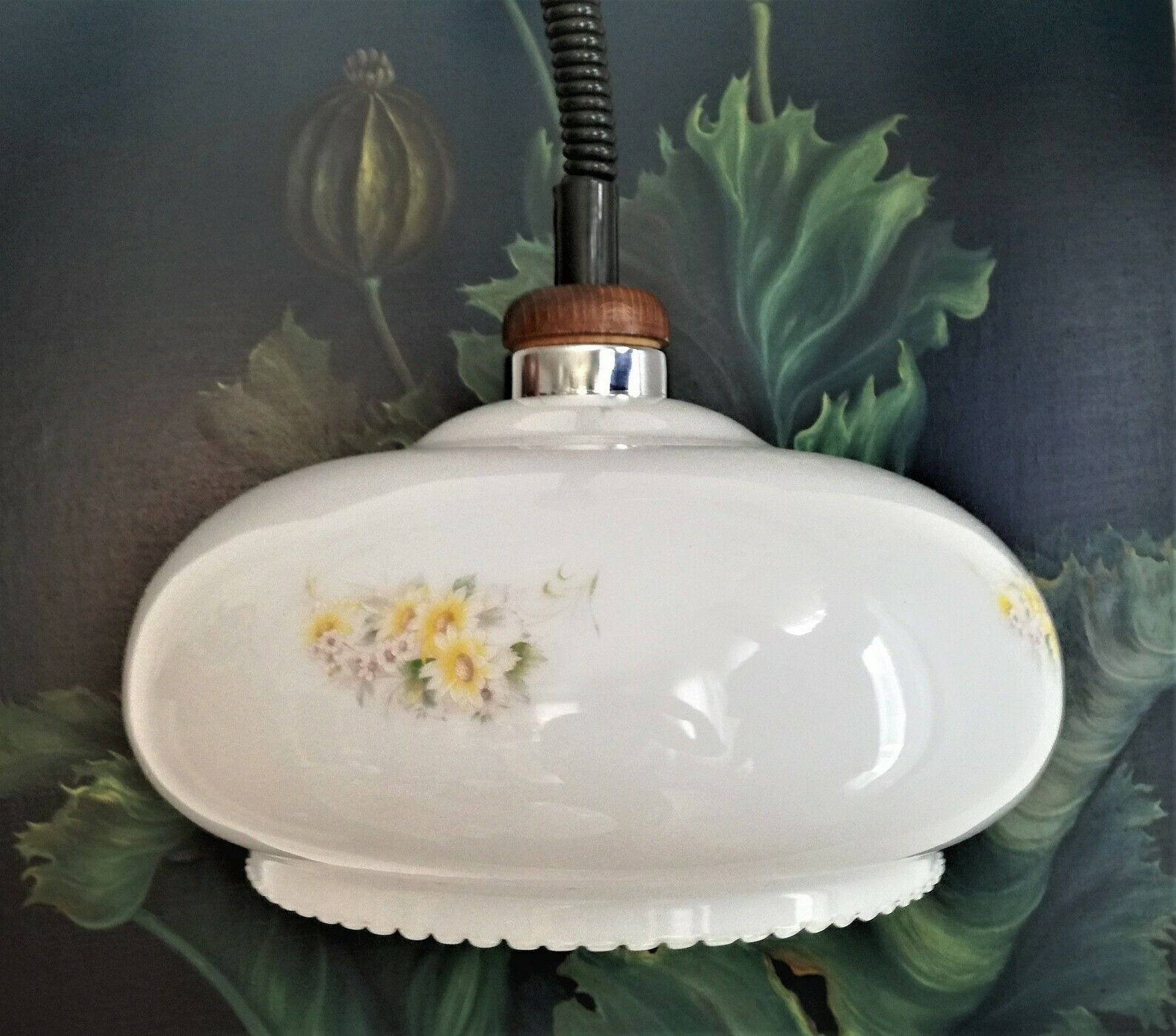 Vintage Farmhouse Style Pendant Light / Opaline Glass With Flower Motif / Mid Century Yugoslavia / Rustic Decor