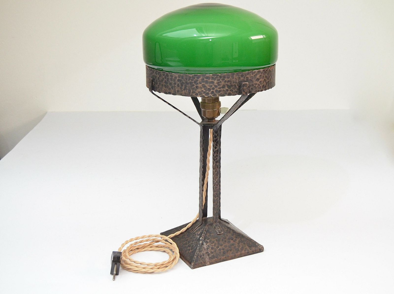 Antique Vintage Wrought Iron, Hammered Iron, Table Lamp With Green Glass Shade, Sweden 1930s photo Lighting