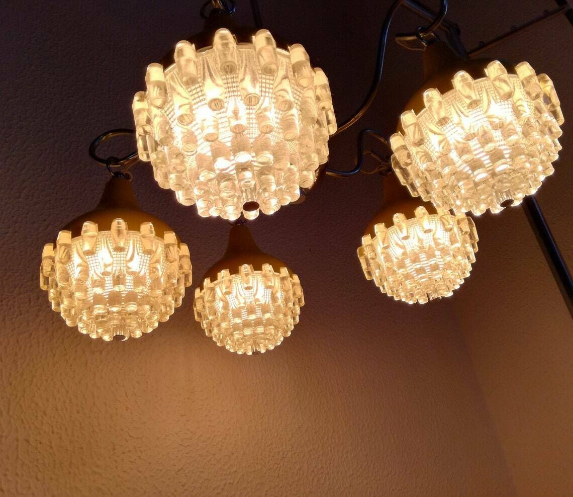 Vintage Teardrop Chandelier  Midcentury Pendant Light  Space Age  Yellow And Silver  Pineapple Shape photo for sale