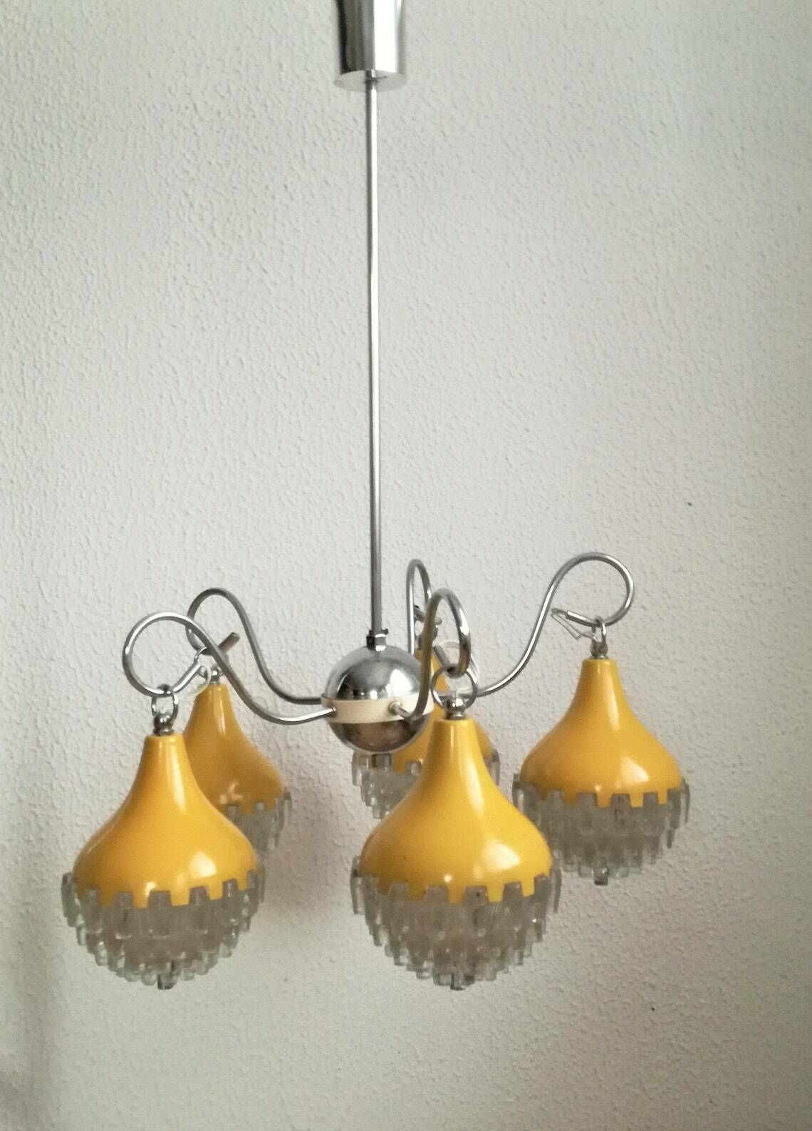 photo for sale Vintage Teardrop Chandelier  Midcentury Pendant Light  Space Age  Yellow And Silver  Pineapple Shape