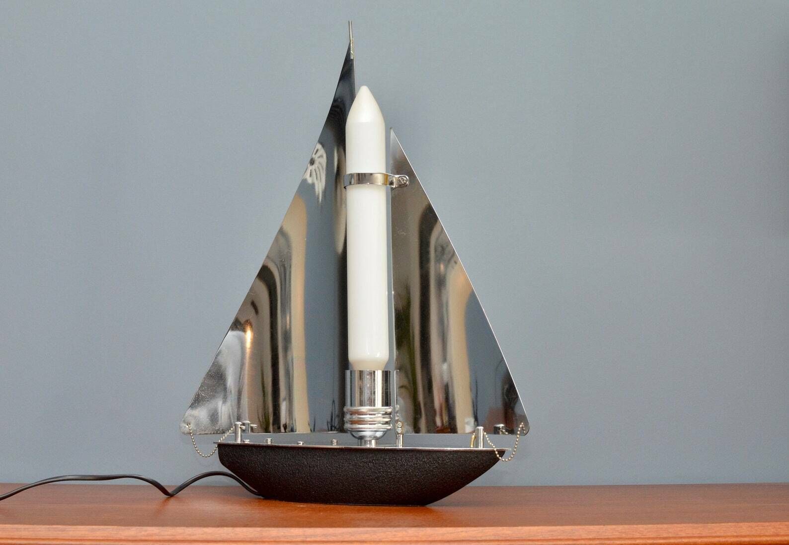 Very Rare Art Deco Style Chromed Sailing Boat Table Lamp 1970s