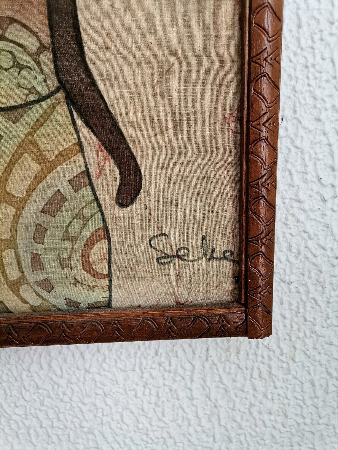 Authentic African Painting / Woman And Child / Etched Wooden Frame / Decoration / 20th Century photo vinterior