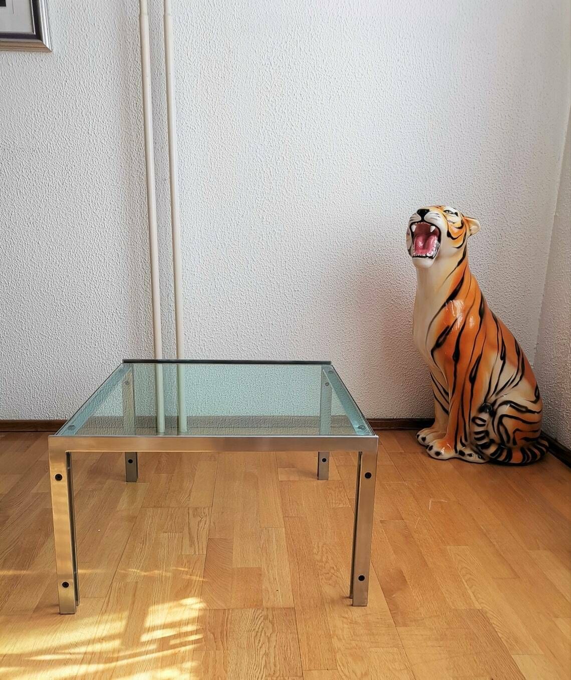 Modern Coffee Table / Hank Kwint Design For Metaform / M1 Model / Vintage Metal And Glass Side Table / Minimalist Style photo vintage