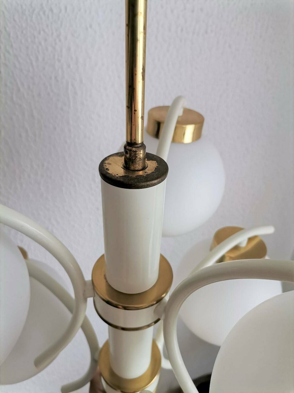 White & Gold 6 Sphere Chandelier / Sputnik Style / Vintage 70s Yugoslavia / Brass And Glass / Mid Century Modern Home photo vinterior